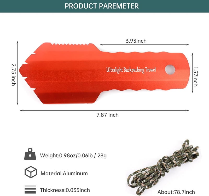 Valken Ultralight Camping Trowel Backpacking Trowel Portable Aluminum Camping Shovel Small Potty Spade Hiking Trowel Garden Trowel with Longer Handle(Orange) - Image 2